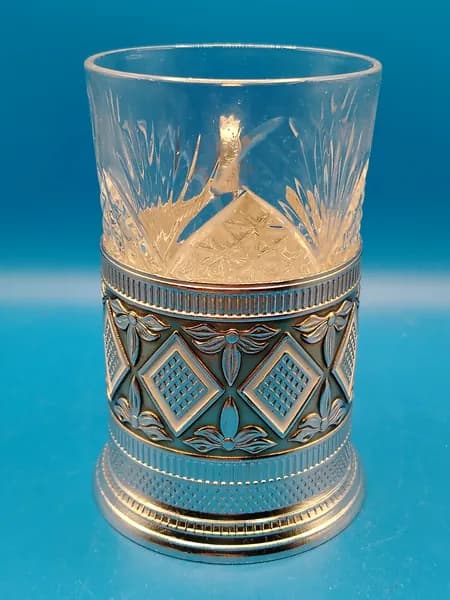 " РОМБЫ на КОРИЧНЕВОМ фоне " Подстаканник со стаканом. СССР. 1970 год.