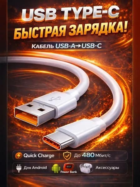Кабель для мобильных устройств USB 2.0 Type-A/USB Type-C, 1 м, белый, зеркальный