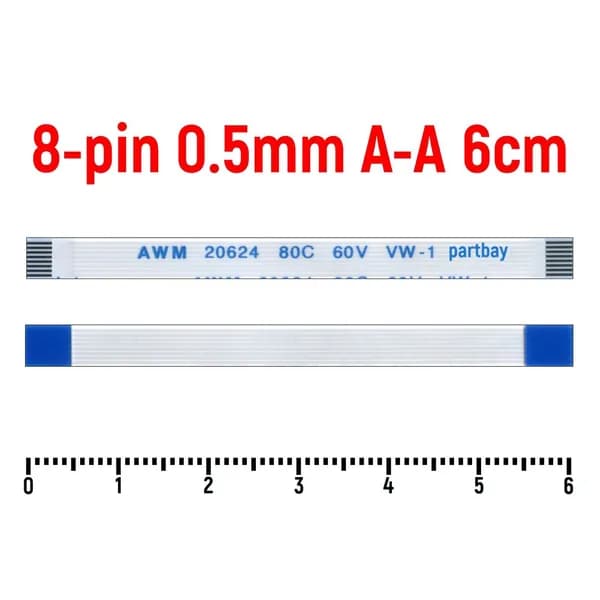 Шлейф FFC 8-pin Шаг 0.5mm Длина 6cm Прямой A-A AWM 20624 80C 60V VW-1