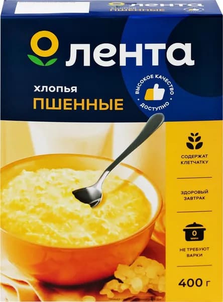 Хлопья пшенные ЛЕНТА из цельной крупы, не требующие варки, 400г