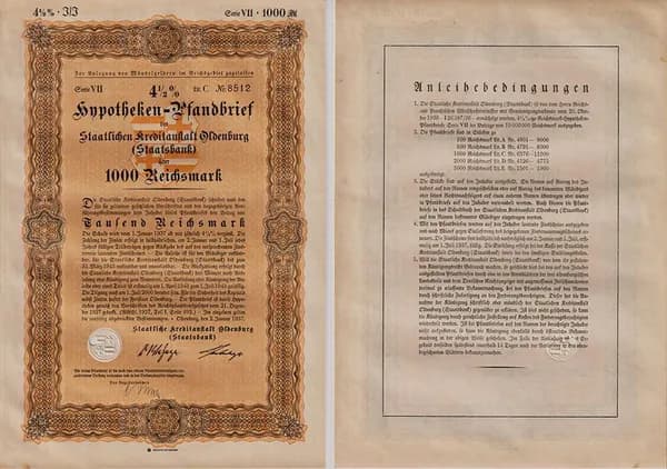 Германия, Государственное кредитное учреждение Ольденбурга (Государственный банк), ипотечный залог под залог 4-1/2%, 1937 год, 1000 рейхсмарок
