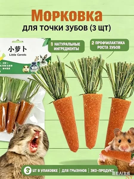 Лакомство для грызунов Морковка для точки зубов 3 шт, минеральный камень и игрушка для кроликов, хомяков и морских свинок, натуральный декор.