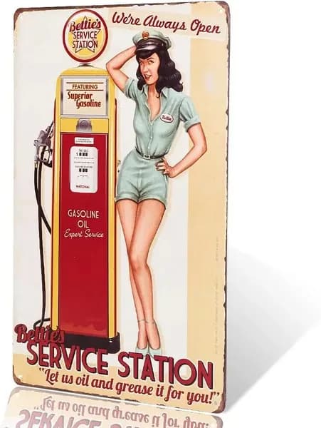 Сервисная станция T-RAY BETTIE S. Женская вывеска. Позвольте нам позаботиться об этом для вас. Мы всегда открыты.