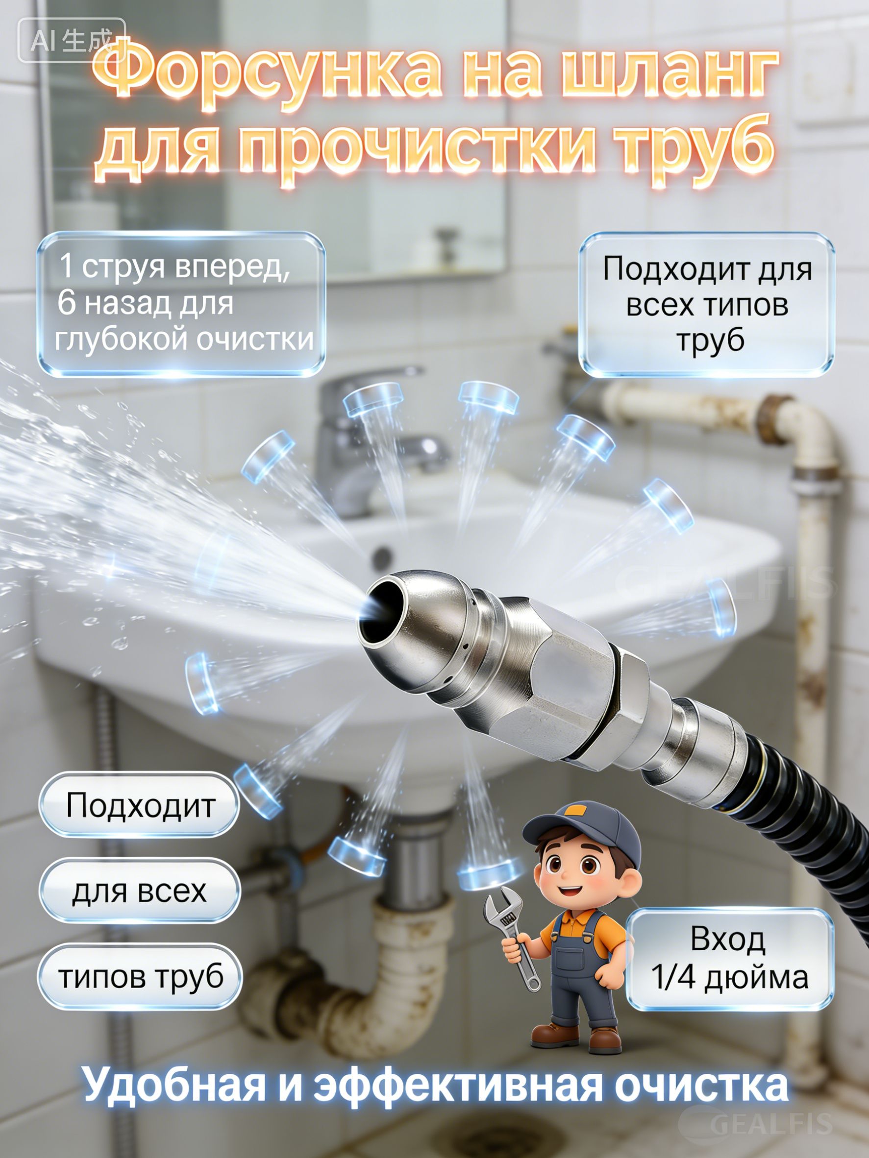 Форсунка на шланг для прочистки труб, 1 струя вперед и 6 назад, для глубокого очищения труб, вход 1/4 дюйма