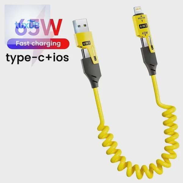 4in1 Кабель для быстрой зарядки TYPEC 65W с двойным наконечником, пружинный, автомобильный PD27W выдвижной кабель