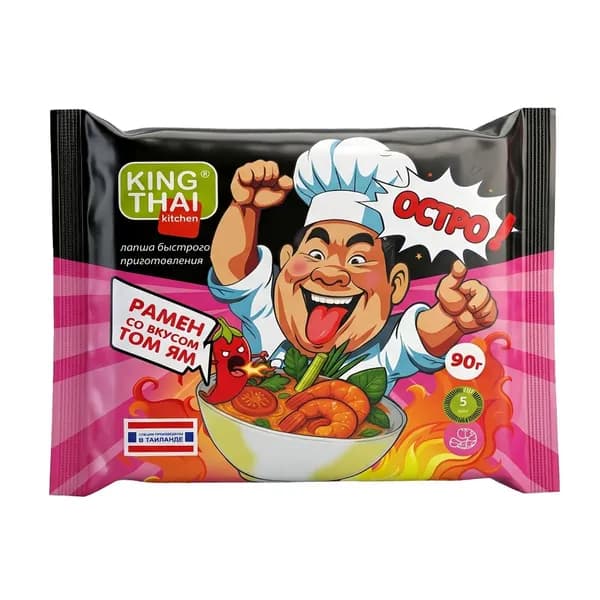 Лапша быстрого приготовления KINGTHAI KITCHEN РАМЕН со вкусом Том Ям 90 гр, 5 штук в упаковке