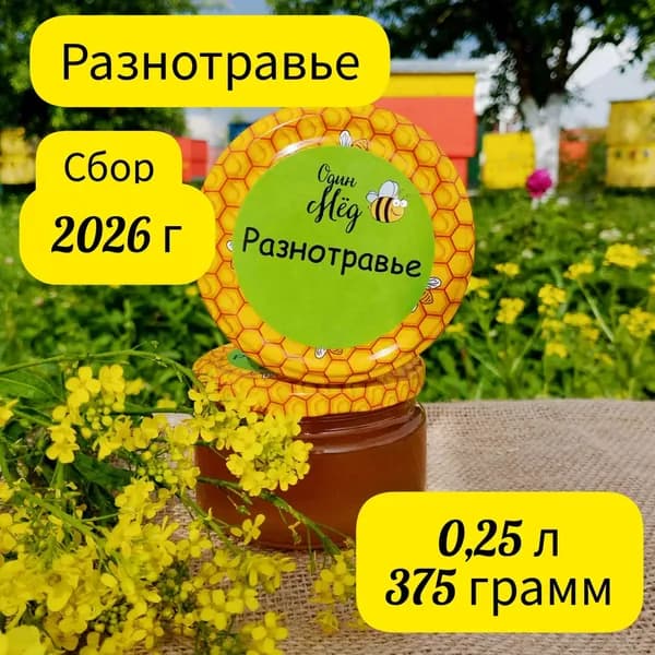 Мёд разнотравье, сбор 2026 года, 0,25 литра, 375 грамм, в стекле