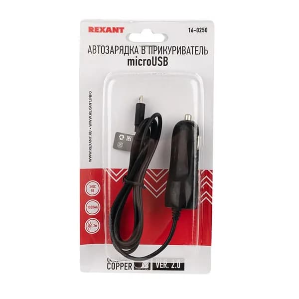 Автозарядка в прикуриватель microUSB (АЗУ) (5V, 1000mA) шнур прямой 1.2м черная REXANT