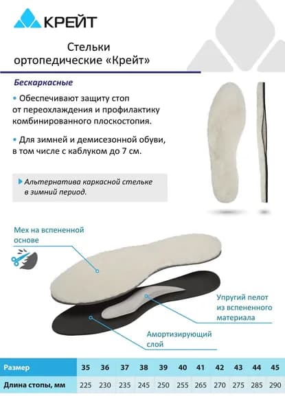 Стельки ортопедические зимние бескаркасные при плоскостопии, "Крейт", размер 36