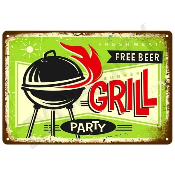 Металлический постер на стену, надпись "Summer Grill Party Free Beer", декор для кухни и зоны барбекю, 20x30cm,2D Flat
