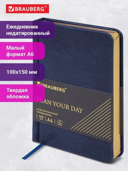 Ежедневник-планер (планинг) / записная книжка / блокнот недатированный Малый Формат 100x150мм А6 Brauberg Iguana под кожу, 160 листов, синий