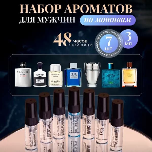 PARFUM DELUXE набор мужских мини духов с древесно-фужерными нотами, 7 шт по 3 мл
