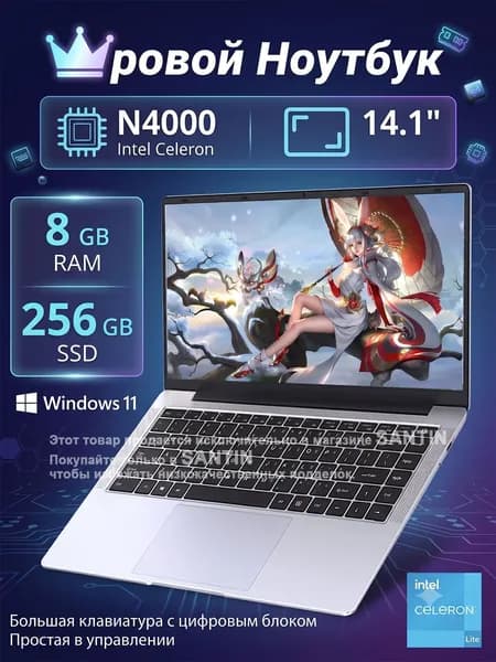 SANTIN Ноутбук 14.1", Intel Celeron N4000, RAM 8 ГБ, SSD 256 ГБ, Intel UHD Graphics 600, Windows Home, хром, Английская раскладка