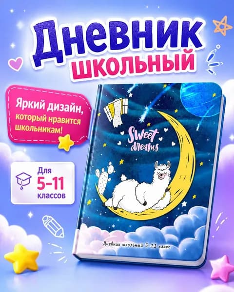 Дневник школьный 5-11 класс Спящая лама, 48 листов, твердая обложка, космический дизайн