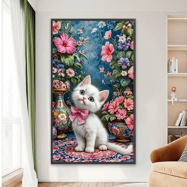 Диамантная картина Кот и цветы , 40 70 см, 5D, с резиновыми стразами