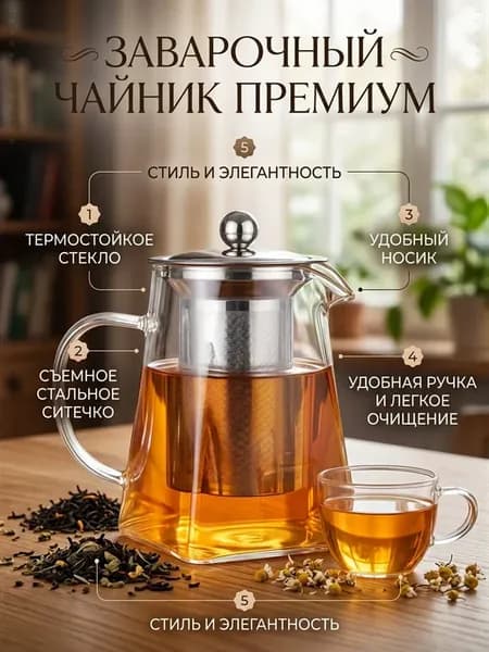Стеклянный заварочный чайник с фильтром 950 мл