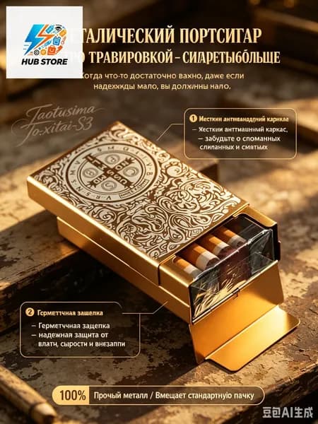Портсигар металлический, футляр для сигарет золотой с ретро гравировкой - модель --, стильный защитный кейс хранения