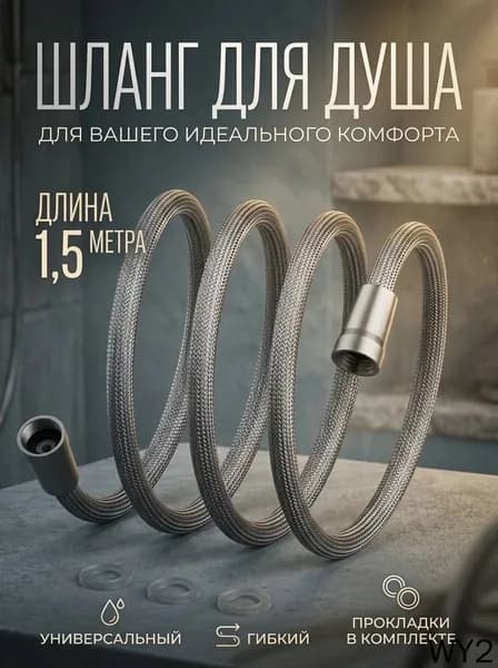 Нейлоновый шланг для душа. Серый. Длина 1,5 м. Вращение 360.