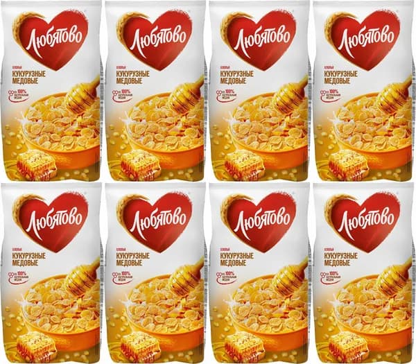 Хлопья Любятово кукурузные медовые, комплект: 8 упаковок по 250 г