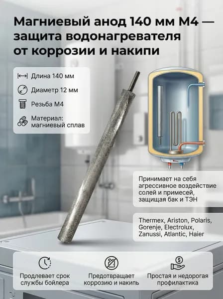 Анод магниевый 140 мм D12 резьба М4 для водонагревателя Thermex Ariston Polaris