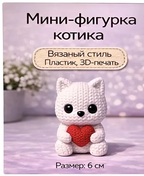 Котенок белый с сердцем, вязаный стиль, высота 6см, оригинальный подарок и декор для дома. 3д фигурка