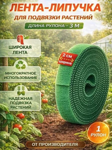 Лента-липучка для подвязки растений, 2 см х 3 м, зеленая, многоразовая, 1 рулон.