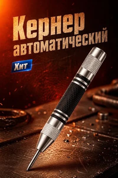 Кернер автоматический, пружинный, самоударный, 128 мм, 4 мм, металлическая рукоятка, серебристый