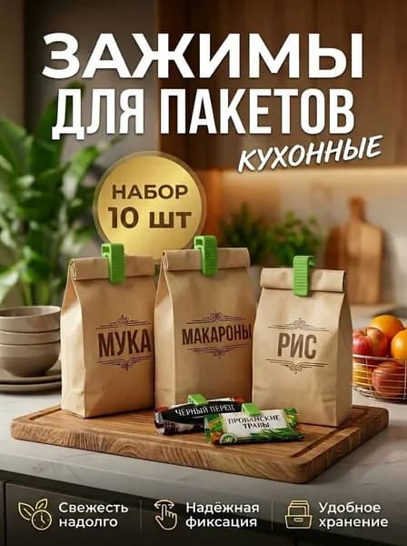Зажимы для пакетов кухонные, набор 10 шт, зелёные