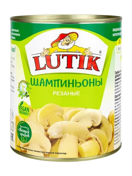 Шампиньоны Lutik резаные консервированные без уксуса, 850мл