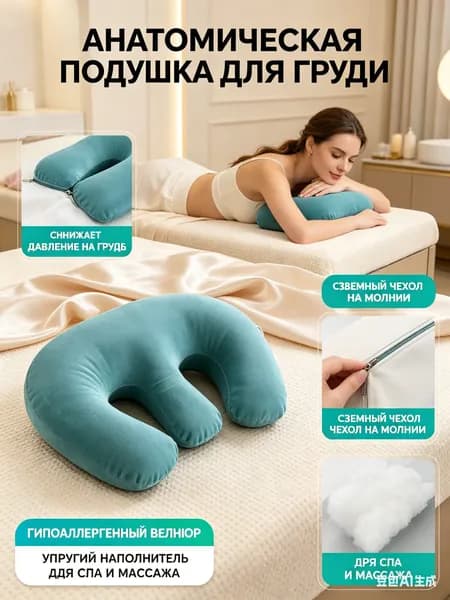Подушка для косметологической кушетки U-образная, Подушка для массажа лица и сна - Съемный чехол из велюра, Подголовник для спа и тату-салонов.