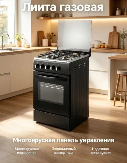 Кухонная газовая плита с четырьмя конфорками и газовым духовым шкафом, широкая варочная панель 50 см с мощными горелками, отдельностоящая плита с газ-контролем и электроподжигом