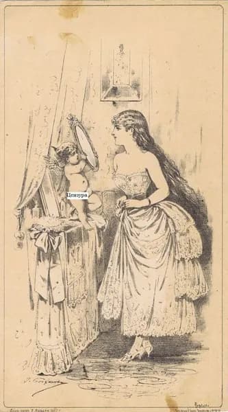 7 (12) смертных грехов. Кокетство. Николай Богданов. Антикварная авторская тоновая литография. Россия, 1887 г.