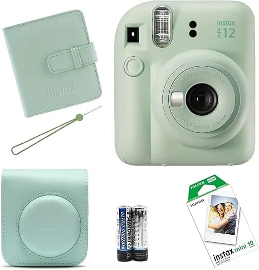 Фотоаппарат Instax Fujifilm Mini 12 зеленый, сумка, вешалка, аккумулятор, 10 пленок, альбом