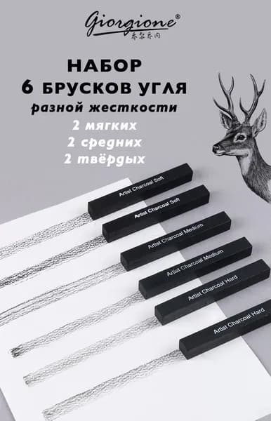 Уголь в брусках для графических работ и рисования Giorgione Charcoal 6 шт. (soft, medium, hard)