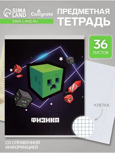 Предметная тетрадь по физике Calligrata Пиксели , 36 листов, в клетку, со справочным материалом, обложка из мелованного картона