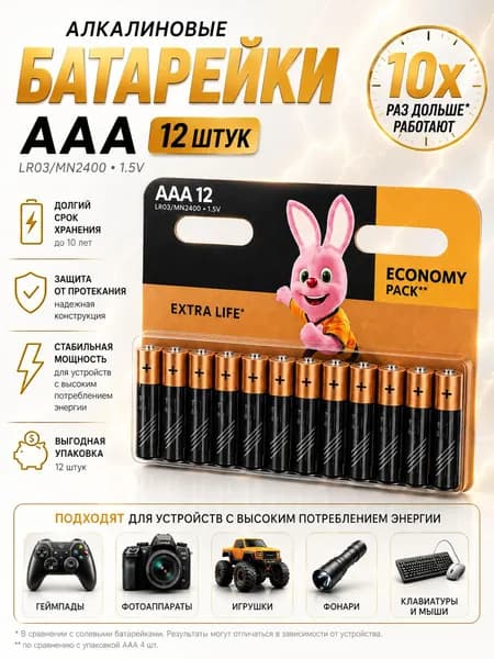 Комплект батареек ААА, мизинчиковые, 12 шт, LR03