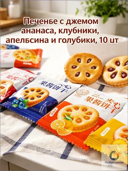 Печенье с джемом ананаса, клубники, апельсина и голубики, 10 шт, перекус для чаепития