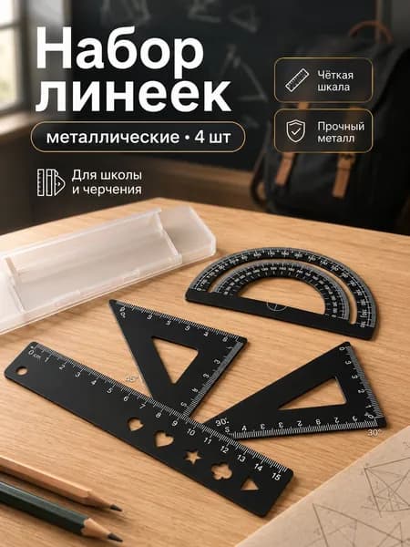 Школьный набор линеек , транспортир, треугольники 45 и 30 , металлический, синий