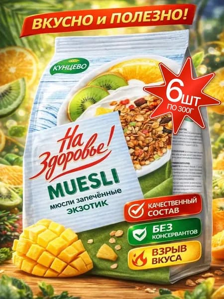 мюсли запеченные с фруктами "Экзотик" Кунцево "На Здоровье!" 6шт по 300г