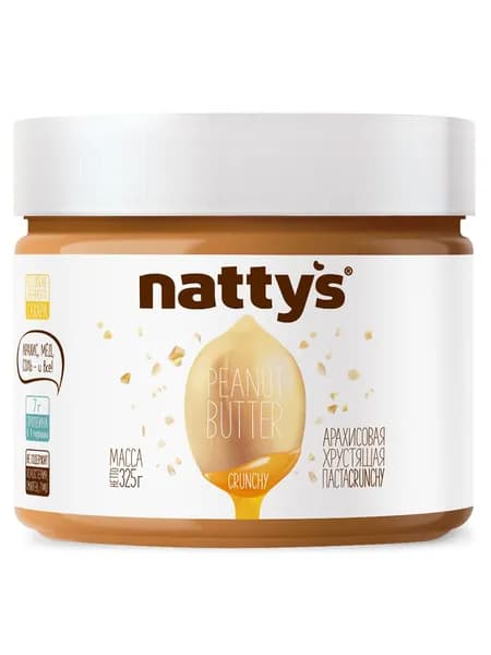 Nattys Арахисовая паста без сахара хрустящая Кранч с медом, 325 гр