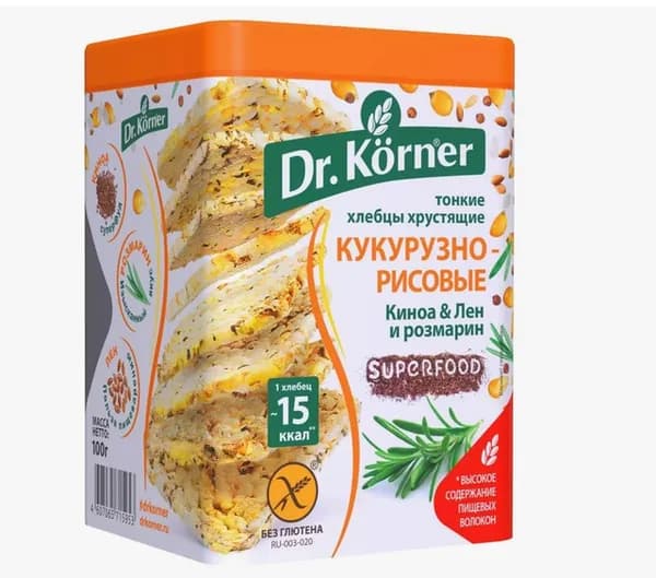 Dr. Korner Хлебцы кукурузно-рисовые с киноа льном и розмарином, 100 г