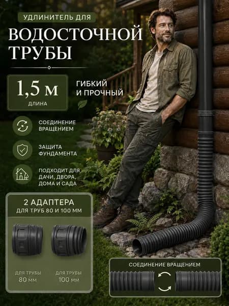 Удлинитель водостока телескопический 50-160 см на трубу 80/100 мм, гибкий гофрированный шланг для отвода воды и защиты фундамента дома
