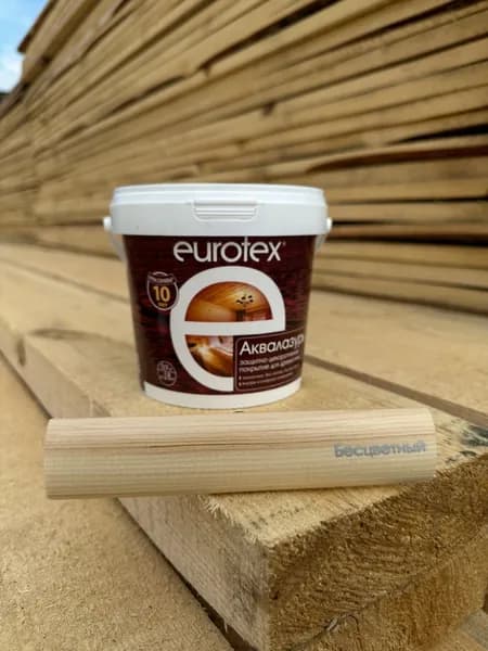 EUROTEX (ЕВРОТЕКС) Бесцветный (0,9 кг) АКВАЛАЗУРЬ (лак + пропитка) БЕЗ ЗАПАХА, защитно-декоративное покрытие для древесины, ПОЛУГЛЯНЦЕВЫЙ блеск, Рогнеда