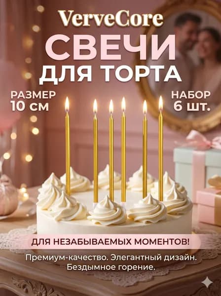 Свечи для торта "Без отдушки", 10 см х 0.5 см, 6 шт