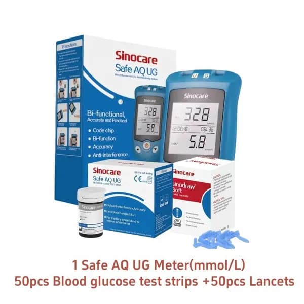 Sinocare Safe AQ UG Измеритель глюкозы в крови + 50 тест-полосок + 50 игл для забора крови, маркировка CE