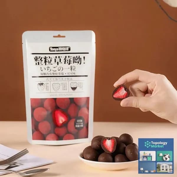 Замороженная смесь из цельных ягод клубники с начинкой из шоколада, молока и зеленого чая, в упаковке 60 г.