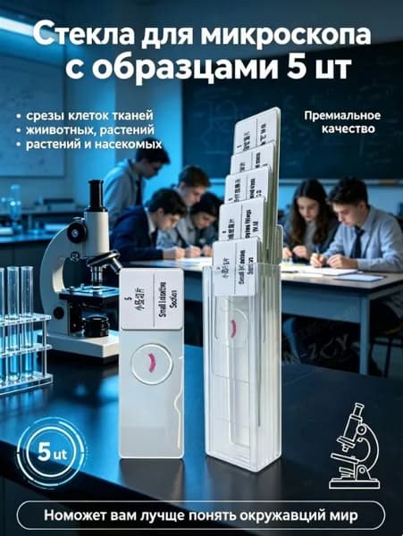 Стекла для микроскопа с образцами для срезы клеток тканей животных, растений и насекомых, 5 шт.