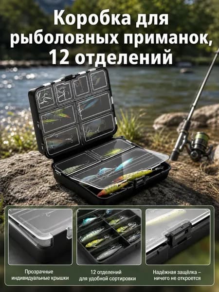 Двухслойный органайзер для микроприманок 12 ячеек, компактный бокс для хранения блёсен и крючков, удобный для рыбалки