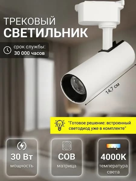 Спот потолочный для трековых светильников 6см 30Вт Белый