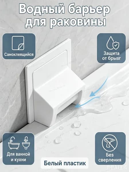 Белый барьер от воды для раковины 1 шт, пластиковый бортик; защита стены, плитки, пола и столешницы от брызг в ванной зоне